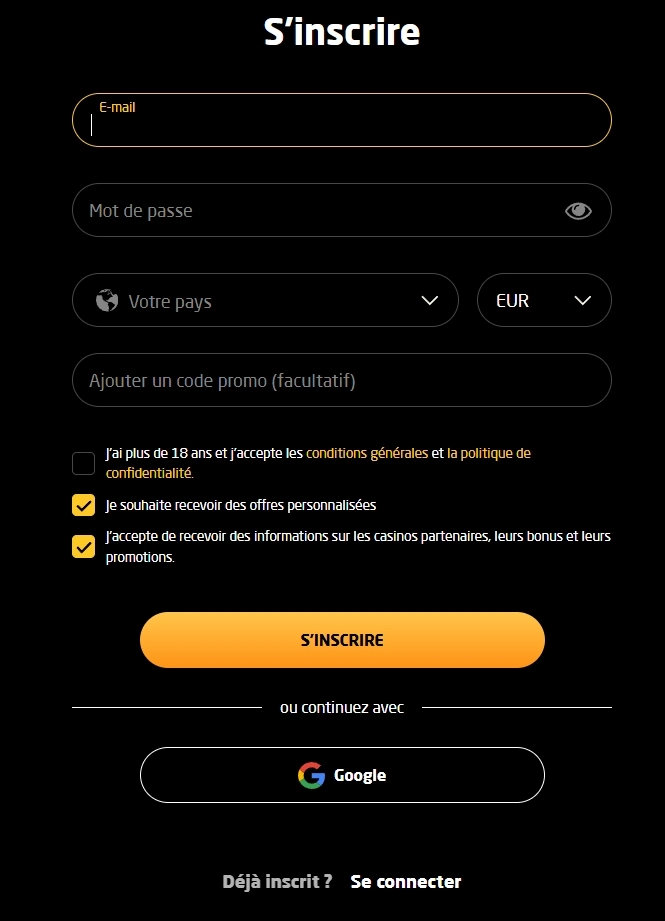Stay Casino formulaire d’inscription avec e-mail, mot de passe et devise EUR