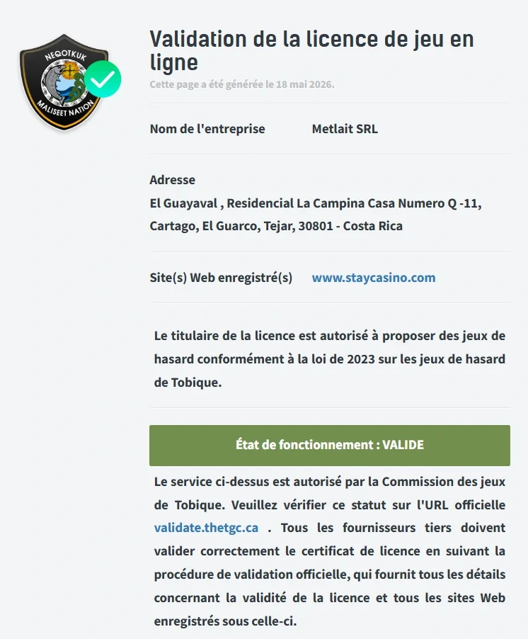 Stay Casino validation de licence de jeu en ligne pour Metlait SRL